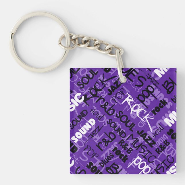 Purple & Pink Rock Pop R & B Music Text Key Chain (Front)