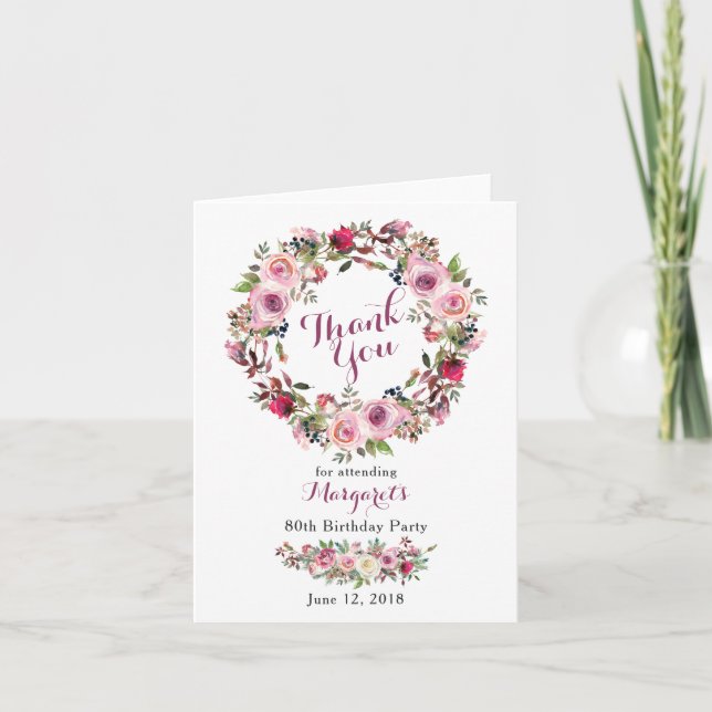 Purple Pink Rose 80th Birthday Thank You Card (Front)