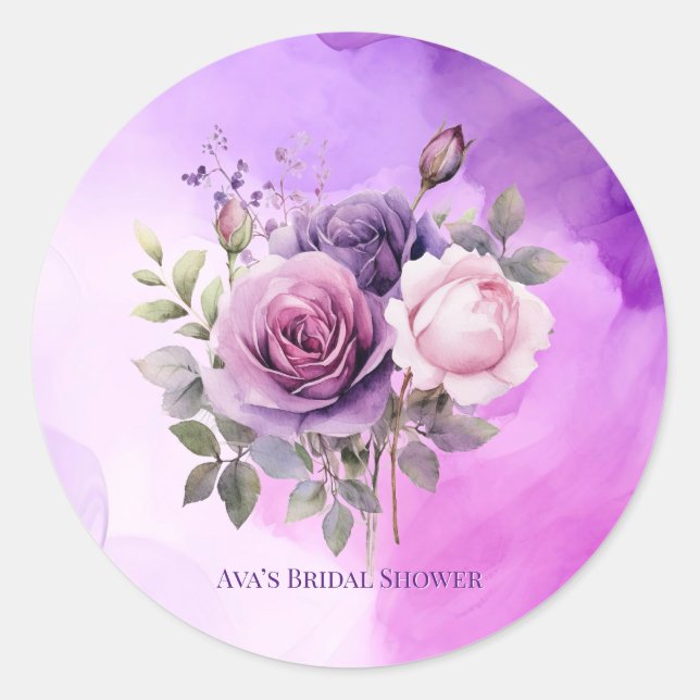 Purple Pink Rose Alcohol Garden Bridal Shower Classic Round Sticker (Front)