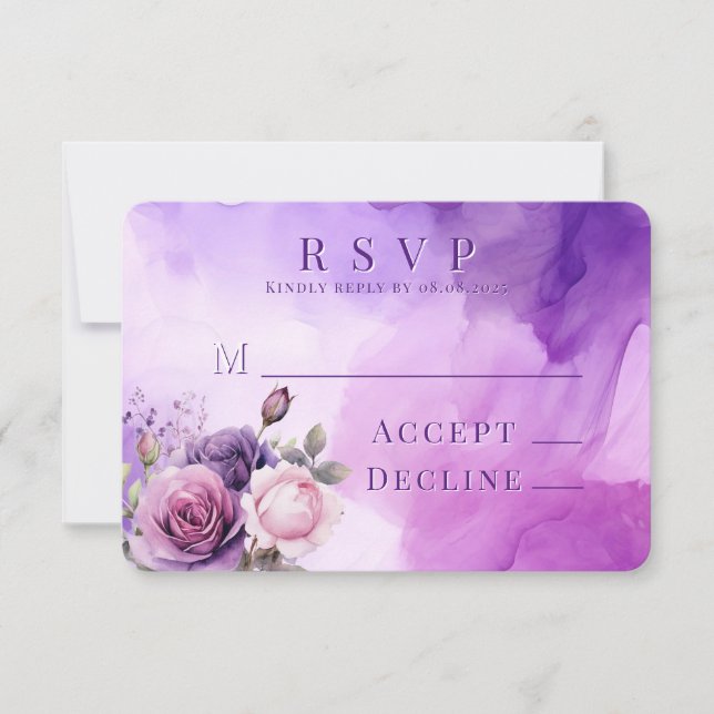 Purple Pink Rose Alcohol Garden Wedding RSVP Card (Front)
