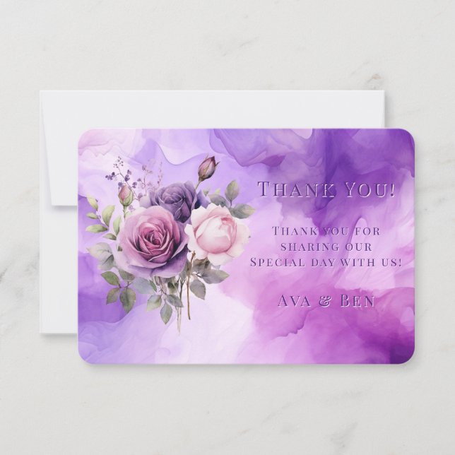Purple Pink Rose Alcohol Garden Wedding Thank You Card (Front)