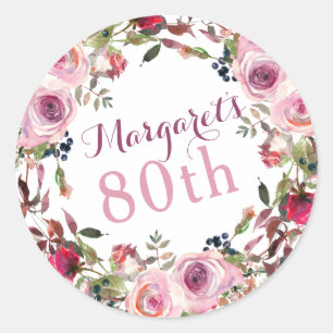 Purple Pink Rose Floral 80th Birthday Classic Round Sticker