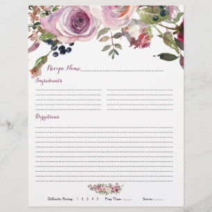 Purple Pink Rose Floral Binder Recipe Inserts