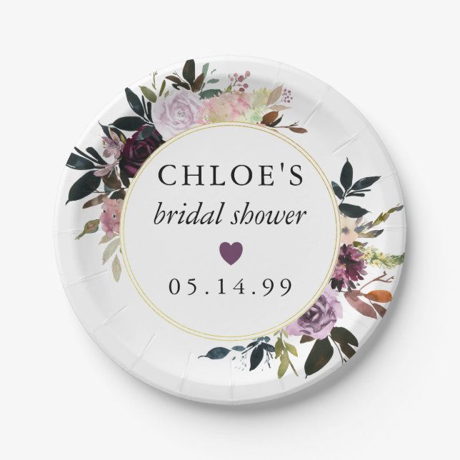 Purple Pink Rose Floral Bridal Shower Paper Plate (Front)