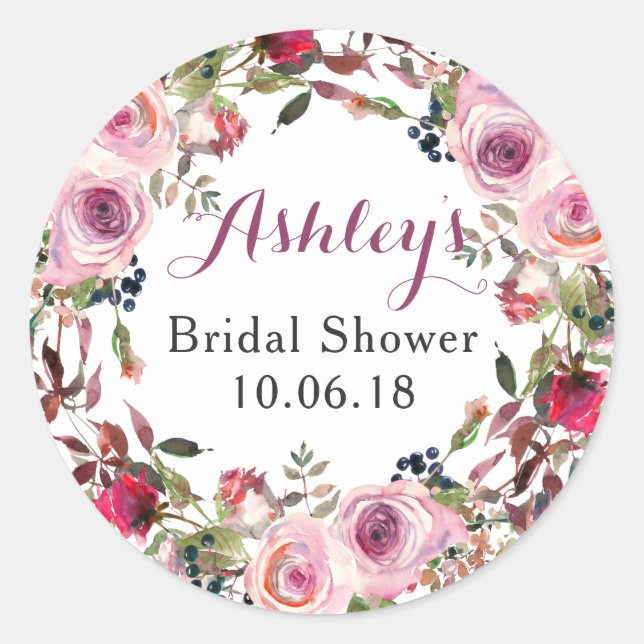 Purple Pink Rose Floral Bridal Shower Thank You Classic Round Sticker (Front)