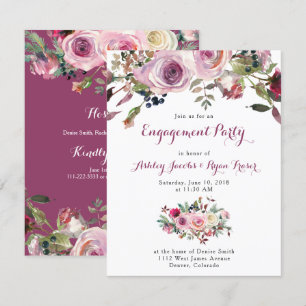 Purple Pink Rose Floral Engagement Party Invitation