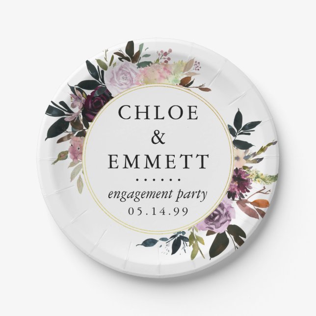 Purple Pink Rose Floral Engagement Party Paper Plate (Front)