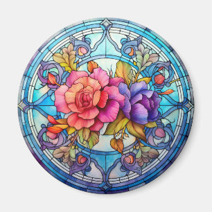 Purple & Pink Rose Floral Faux Stained-Glass Magnet