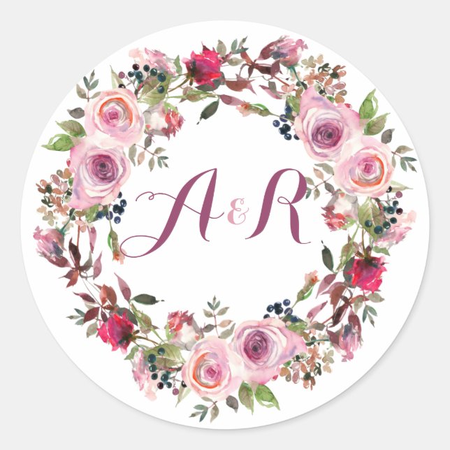 Purple Pink Rose Floral Monogram Wedding Classic Round Sticker (Front)