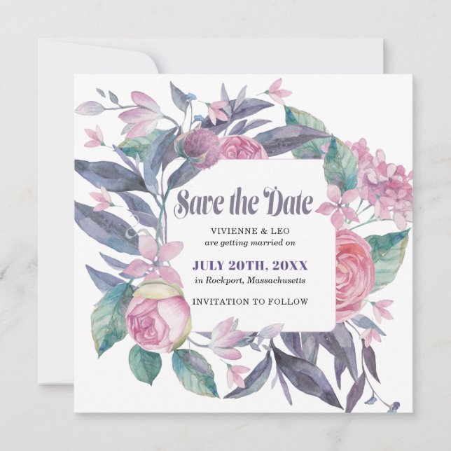 Purple Pink Rose Floral Photo Save the Date Card (Front)