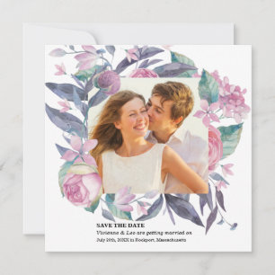 Purple Pink Rose Floral Photo Save the Date Card