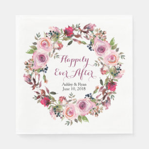 Purple Pink Rose Floral Wreath Wedding Napkin