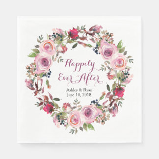 Purple Pink Rose Floral Wreath Wedding Napkin