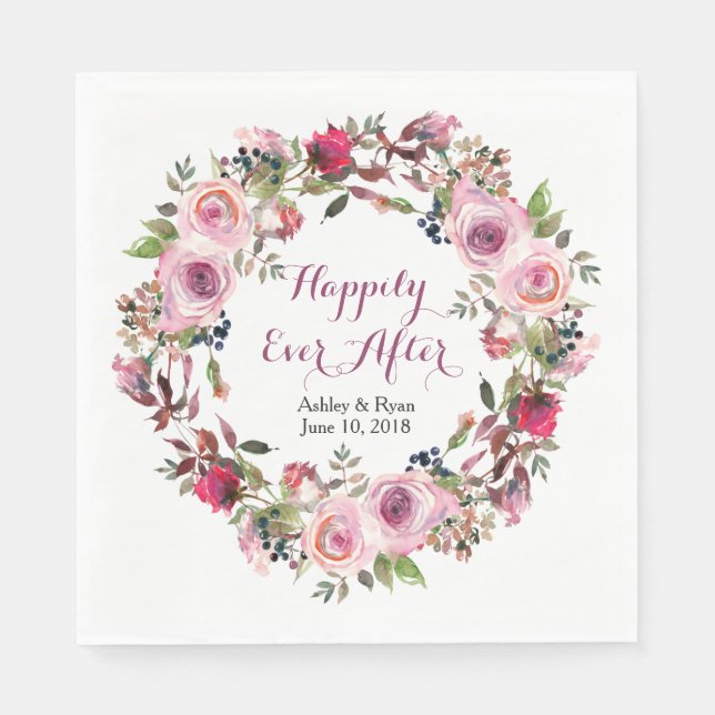 Purple Pink Rose Floral Wreath Wedding Napkin (Front)