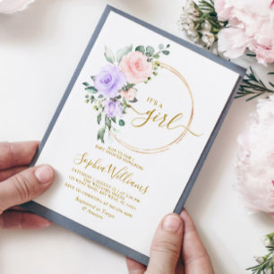 Purple Pink Rose & Gold Wreath Baby Shower Invitation