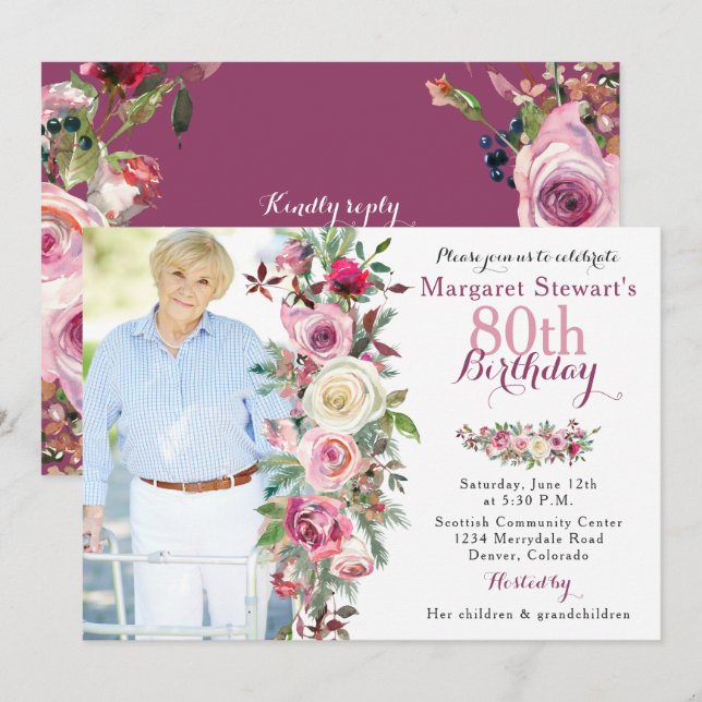 Purple Pink Rose Photo 80th Birthday Invitation (Front/Back)
