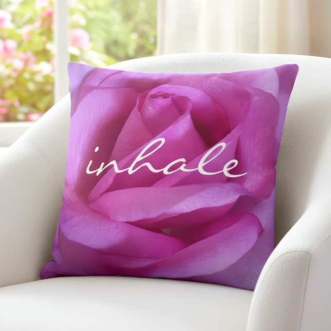 Purple Pink Rose Photo Inhale Quote Bold Modern  Cushion (Creator Uploaded)