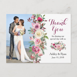 Purple Pink Rose Photo Wedding Thank You Postcard
