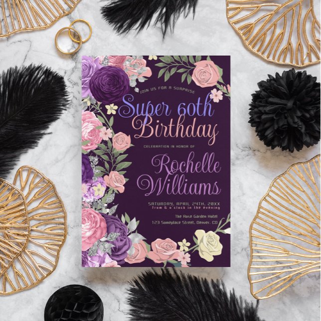 Purple Pink Rose Super 60th Birthday Celebration Invitation (60 shades of purple and pinks with a touch of silver glitter)