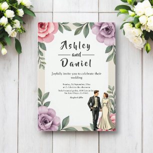 Purple Pink Roses Couple Watercolor Floral Wedding Invitation
