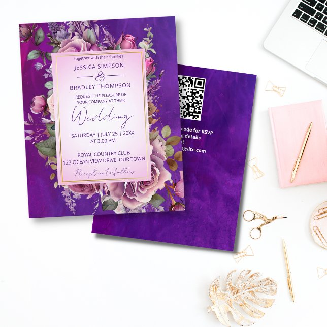 Purple pink roses elegant budget wedding invite (Purple pink vintage roses all in one budget wedding invitation template affordable quality invites)