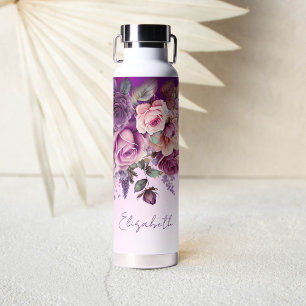 Purple pink roses elegant personalised  water bottle