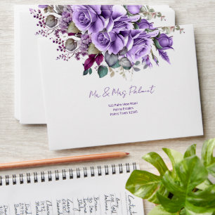 Purple pink roses elegant wedding addressed envelope
