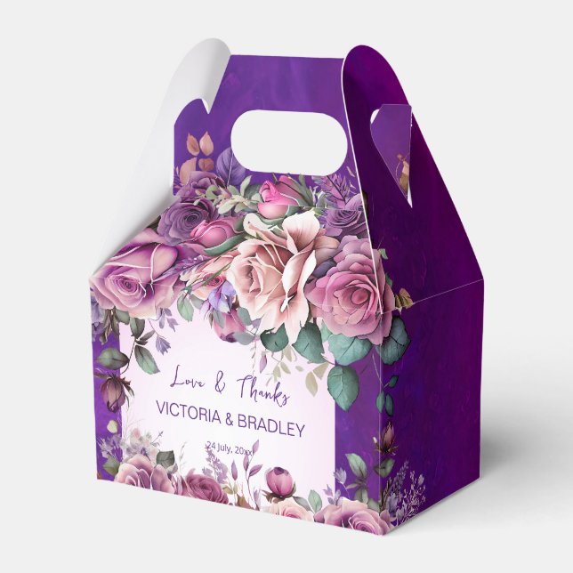 Purple pink roses elegant wedding favours custom favour box (Front Side)