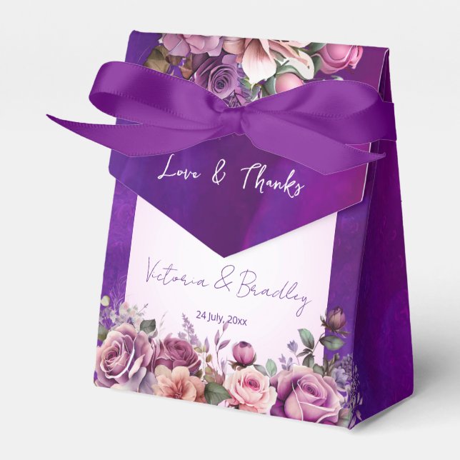 Purple pink roses elegant wedding favours custom favour box (Front Side)