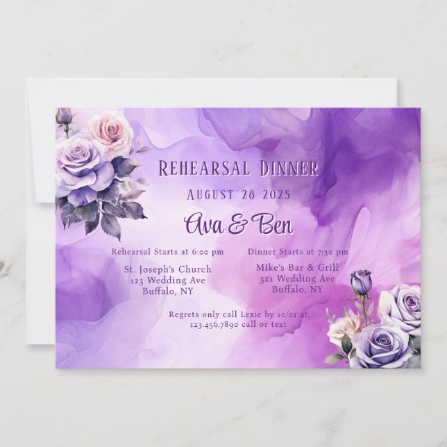 Purple Pink Roses Rehearsal Dinner Invitation (Front)