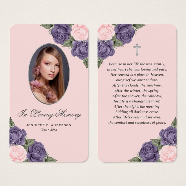 Purple Pink Roses Silver Cross Funeral Prayer Card (Front & Back)