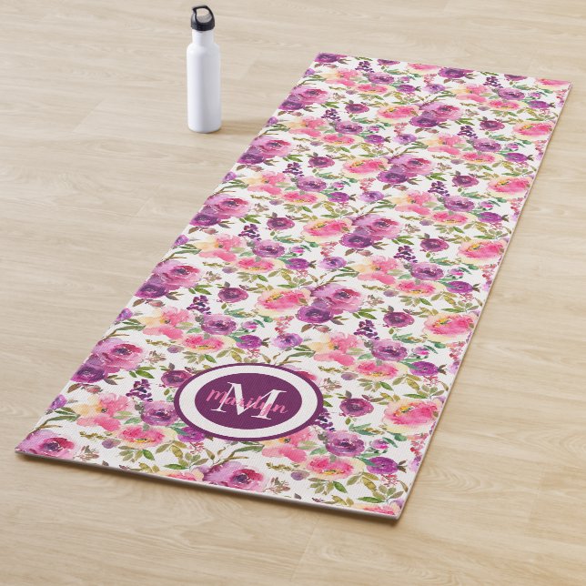 Purple Pink Roses Watercolor Flower Floral Yoga Mat (In Situ)
