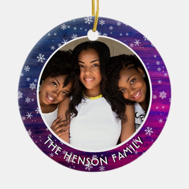 Purple Pink Rustic Wood Snowflake Christmas Photo Ceramic Tree Decoration (Front)