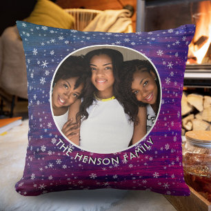 Purple Pink Rustic Wood Snowflake Christmas Photo Cushion