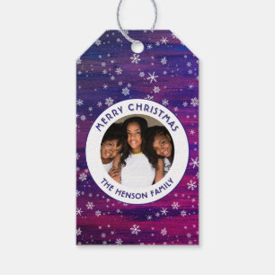 Purple Pink Rustic Wood Snowflake Christmas Photo  Gift Tags
