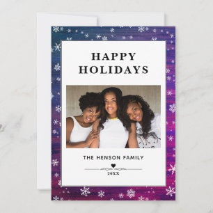 Purple Pink Rustic Wood Snowflake Christmas Photo Holiday Card