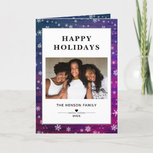 Purple Pink Rustic Wood Snowflake Christmas Photo Holiday Card