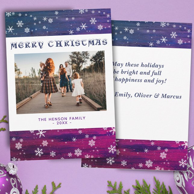 Purple Pink Rustic Wood Snowflake Christmas Photo Holiday Card (Creator Uploaded)