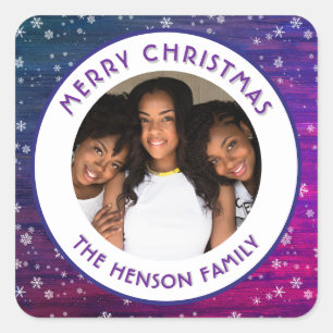 Purple Pink Rustic Wood Snowflake Christmas Photo  Square Sticker