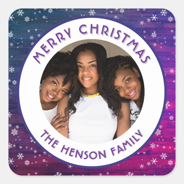 Purple Pink Rustic Wood Snowflake Christmas Photo  Square Sticker (Front)