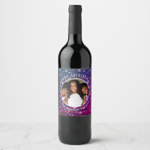 Purple Pink Rustic Wood Snowflake Christmas Photo Wine Label