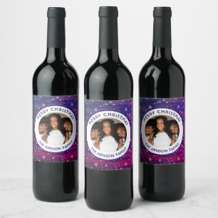 Purple Pink Rustic Wood Snowflake Christmas Photo Wine Label