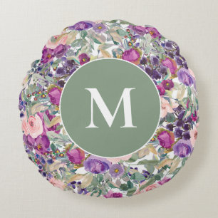Purple Pink Sage Green Boho Flowers Round Cushion