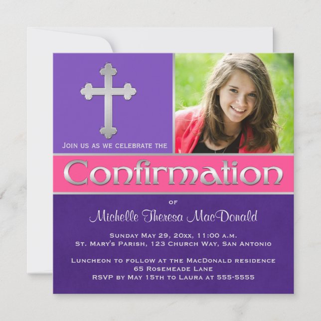 Purple, Pink, Silver Confirmation Photo Invite (Front)
