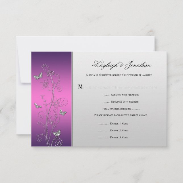 Purple Pink Silver Floral Butterflies RSVP (Front)