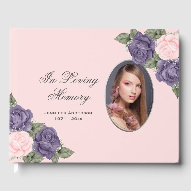 Purple Pink Silver Floral Photo Memorial Funeral Guest Book (Front)