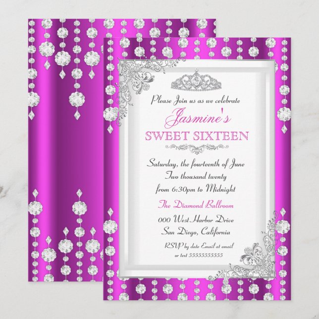 Purple Pink Silver Gem Tiara Sweet 16 Birthday Invitation (Front/Back)