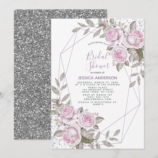 Purple Pink Silver Glitter Geometric Bridal Shower Invitation (Front/Back)
