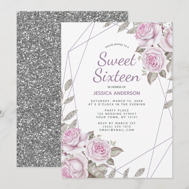 Purple Pink Silver Glitter Geometric Sweet Sixteen Invitation (Front/Back)