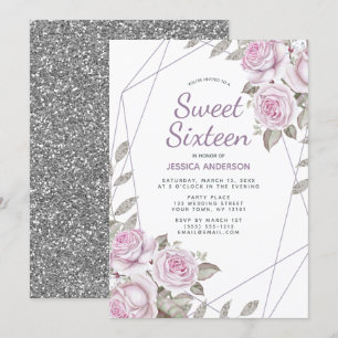 Purple Pink Silver Glitter Geometric Sweet Sixteen Invitation